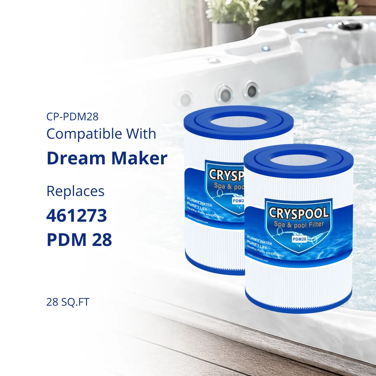 PDM28 Hot Tub Spa Filter Cartridge 2-Pack, 28 sq. ft. Trilobal Fiber Deep Filtration, 7-1/4" x 5-1/2" x 3" with Band Hold Element in Position, Compatible with Dream Maker Spa, Replacement for 461273 Cryspool