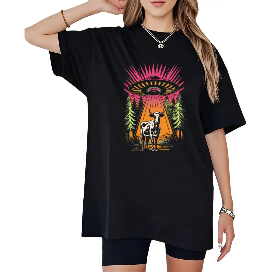 UFO Cow Abduction Shirt, Funny Vintage Funny Graphic Alien Tshirt, Unisex tshirt T Shirt, Paranormal Oversized Aesthetic UFO Tee
