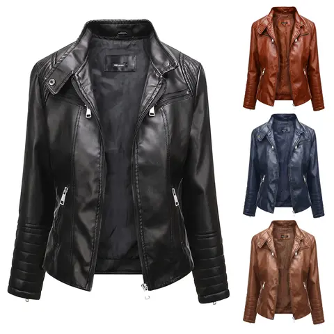 Women's Black Faux Leather Slim Stand Collar Multi-Zipper Pockets Long Sleeve PU Biker Coat - Minimalist Basic Everyday Lady Outerwear with Smooth Comfortable Fabric for Spring Autumn Casual Street Wear