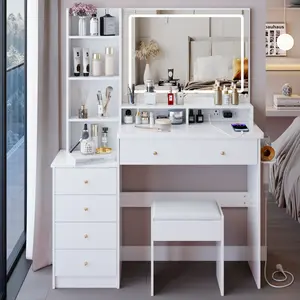 41" Large Size Left Bedside Cabinet Vanity Table+Cushioned Stool Dresser Set, 2 AC+2 USB Power Station, Hair Dryer Stand, Extra Large Touch Control LED Mirror, 3-color Switch, Black,White,multi layer high capacity storage