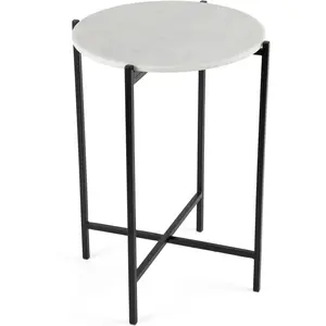 Folding Side Table with Marble Top - Metal Foldable Nightstand - Indoor Use Only - Bar Coffee Drinks Food Serving Tray - Decorative Modern End Accent (Marble Top with Black Legs)