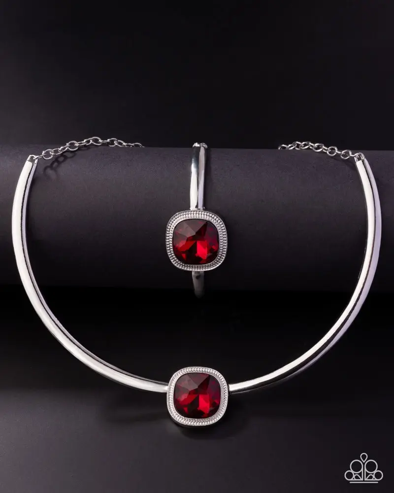 Asscher Assumption - Complete Look Red Reflective Gem Faceted Silver Bezel Frame Adjustable Clasp Set