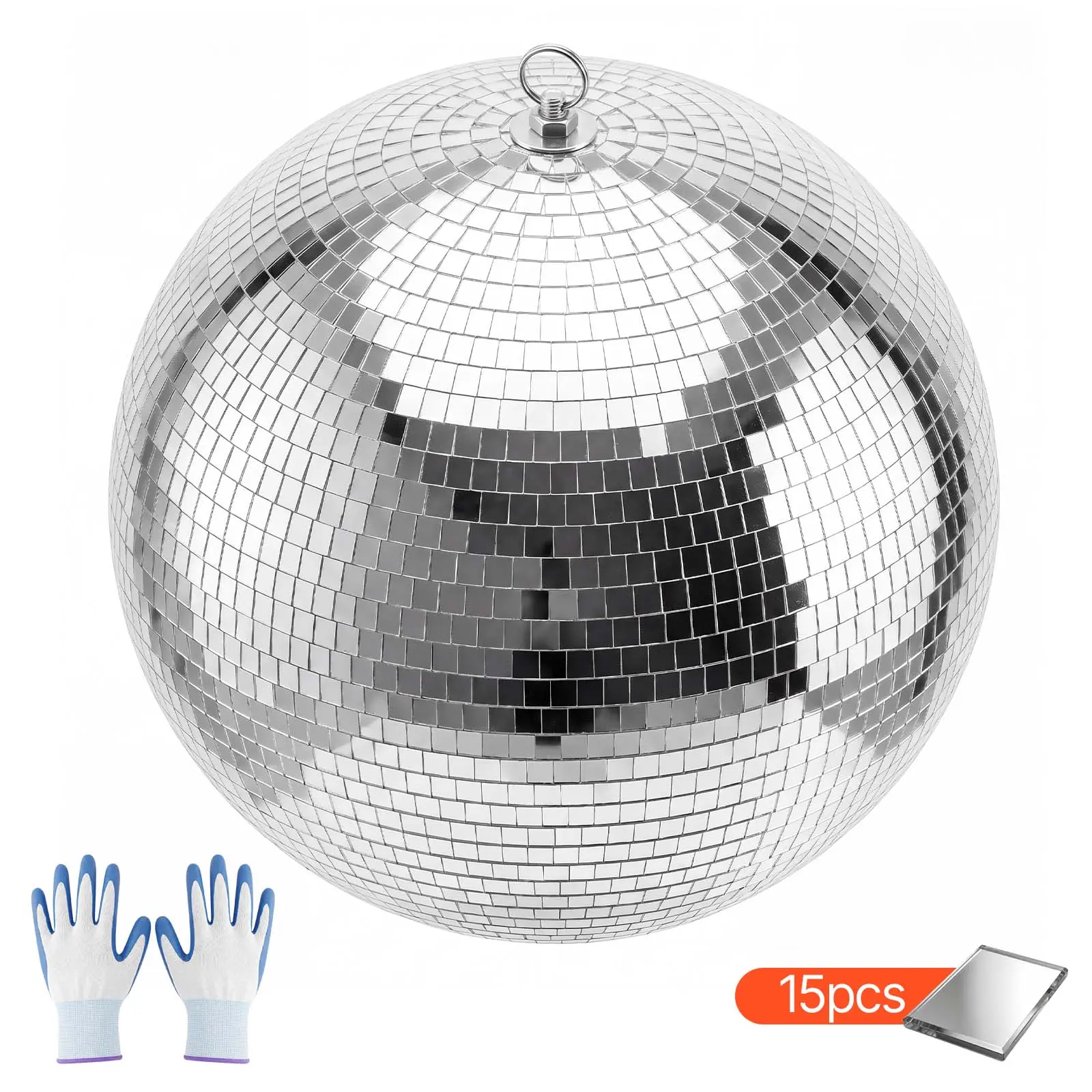 VEVOR Mirror Disco Ball 16 Inch Silver Reflective Ball with Hanging Ring, for Party Home Decoration Stage Props DJ Dance Club, 2 Mirror Tile Sizes, Reflects Light, Large Wedding Music Birthday Decor