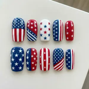 Patriotic American Flag Press On Nails | 4th of July Red White Blue Star Nails | Independence Day Handmade Press On Nail Set