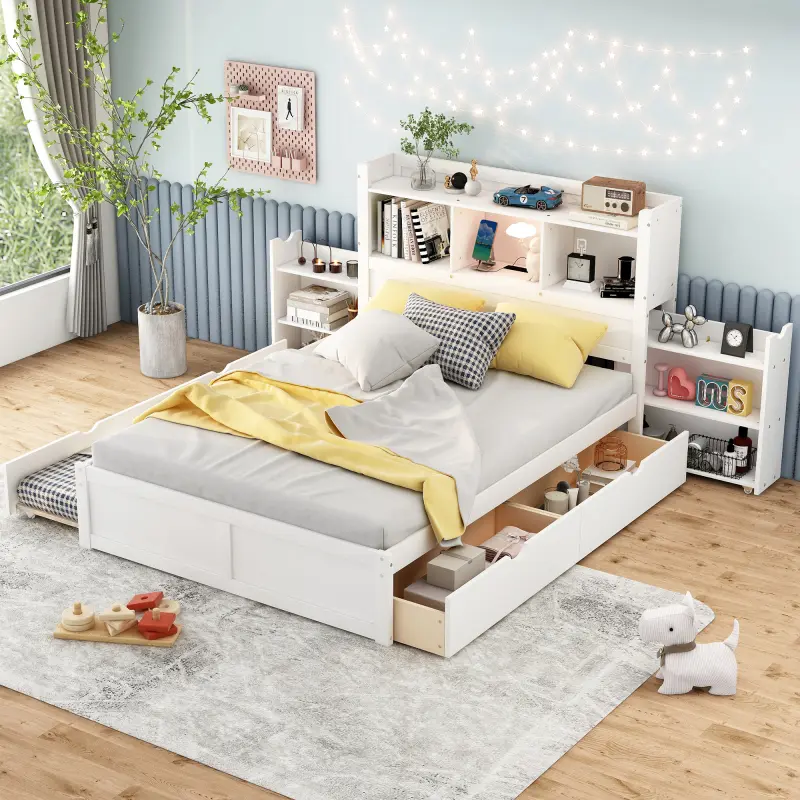 Full Size Storage Platform Bed with Trundle, Storage Drawers and Bookcase Headboard, Solid Wood Bed Frame with Pull Out Shelves, Twin Size Trundle and 2 Drawers