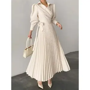 Women's Solid Notched Neck Wrap Pleated Belted Shirt Dress, Elegant Fashion Long Dress for Daily Holiday Work Office Wear, Fall Clothing Women, Dresses for Women, Women Dress for Spring Fall