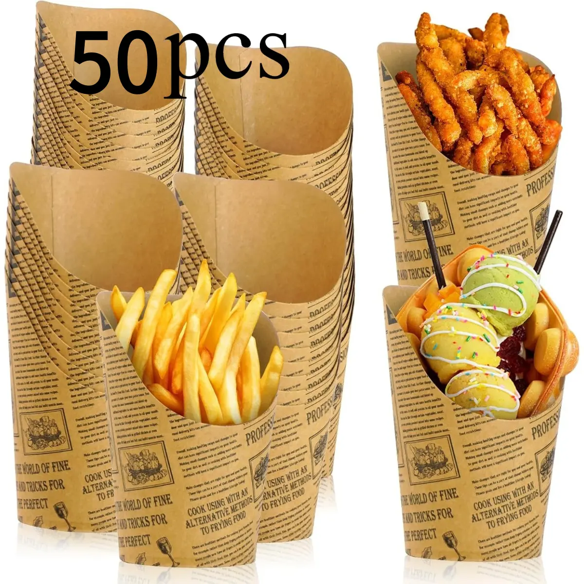 50pcs French Fries Holder, 14OZ Charcuterie Cups for Fast Food Restaurant, Kraft Paper French Fry Cups, Snack Slanted Paper Popcorn Holders for Take-Out Party Baking