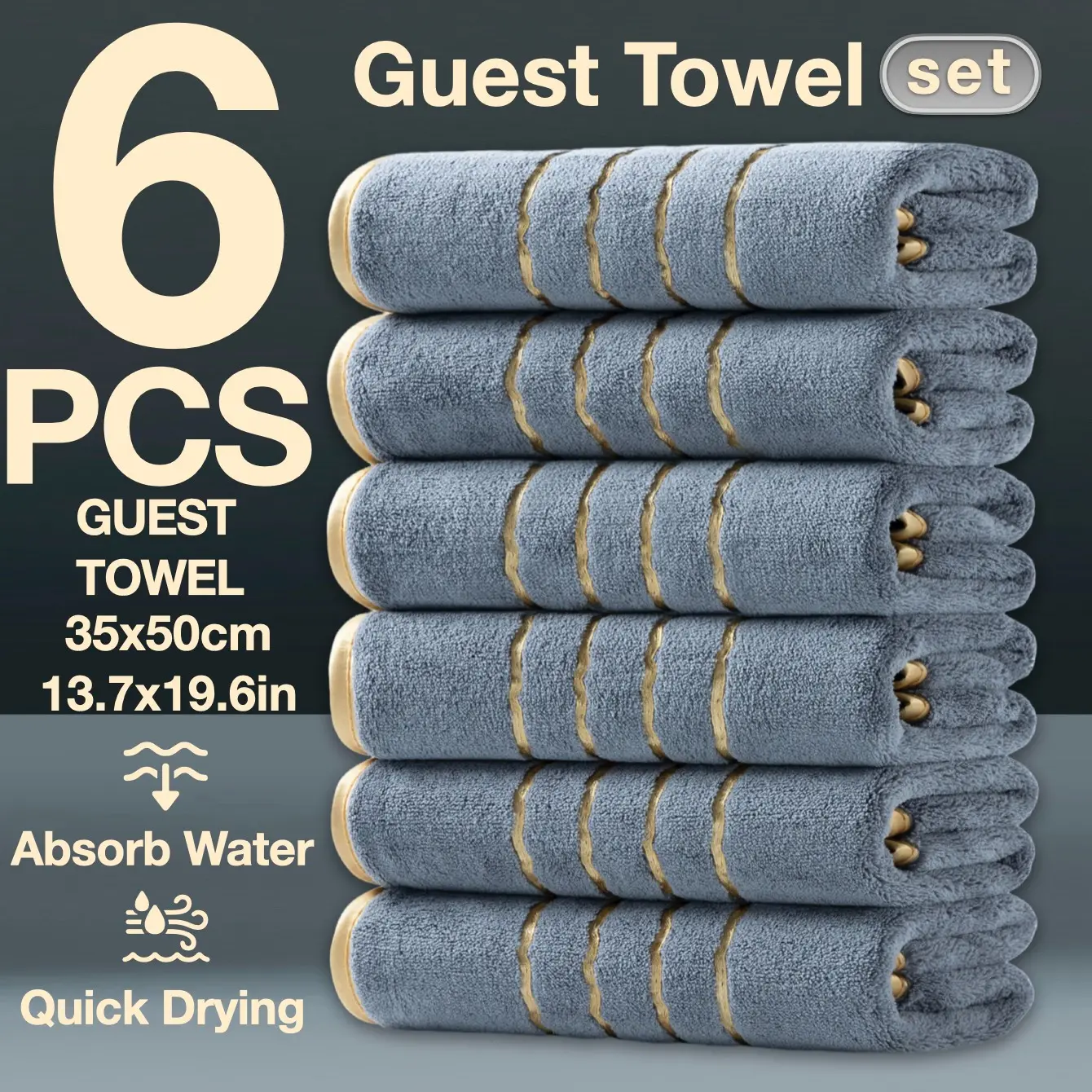 6-Pack High-Quality Wave Gold Thread Embroidered Guest Towel Set, 35x50cm, Thick Ultra-Fine Fiber, Quick-Dry, Soft, Hotel Quality, Quick Drying Towels