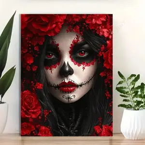 Gothic Halloween Canvas Wall Art, Rose Skull Girl Framed Painting, Easy Hang Decor for Tattoo Shop & Home Decoration