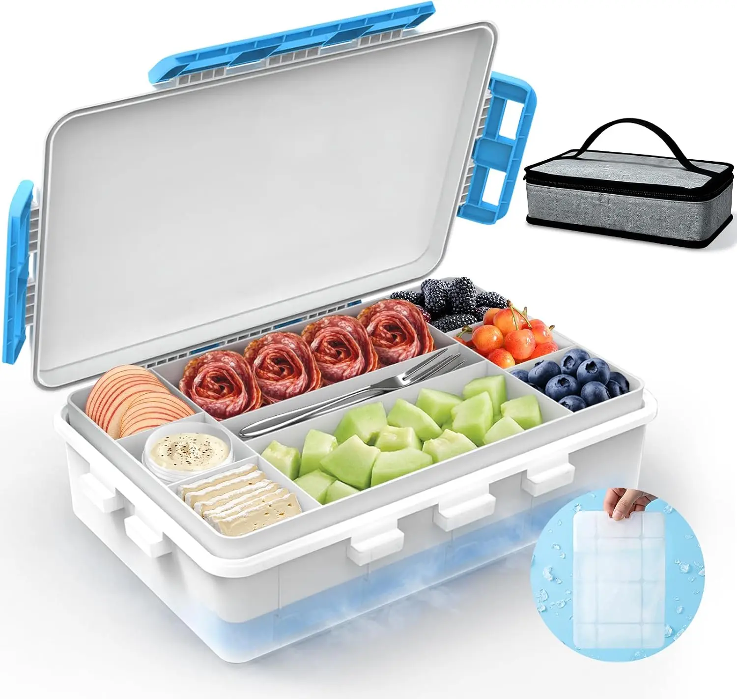 Chilled Divided Snackle Box Container with Ice Pack - Portable Lidded Food Storage for Family Road Trip, Beach Picnic, Keeps Cheese & Fruits Fresh for Hours (White)