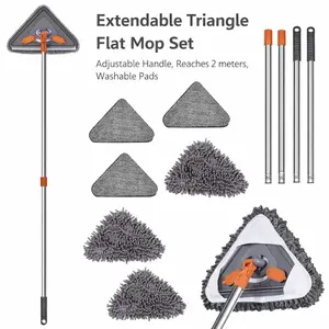 Triangle Wall Mop - Telescopic Aluminum Long Handled Adjustable Cleaner, 78" (2M) Handle, 360° Rotating Baseboard & Ceiling Tool, Wet/Dry Flat Mop with 6 Reusable Microfiber Pads for Floors, Windows, Long Handled Mops