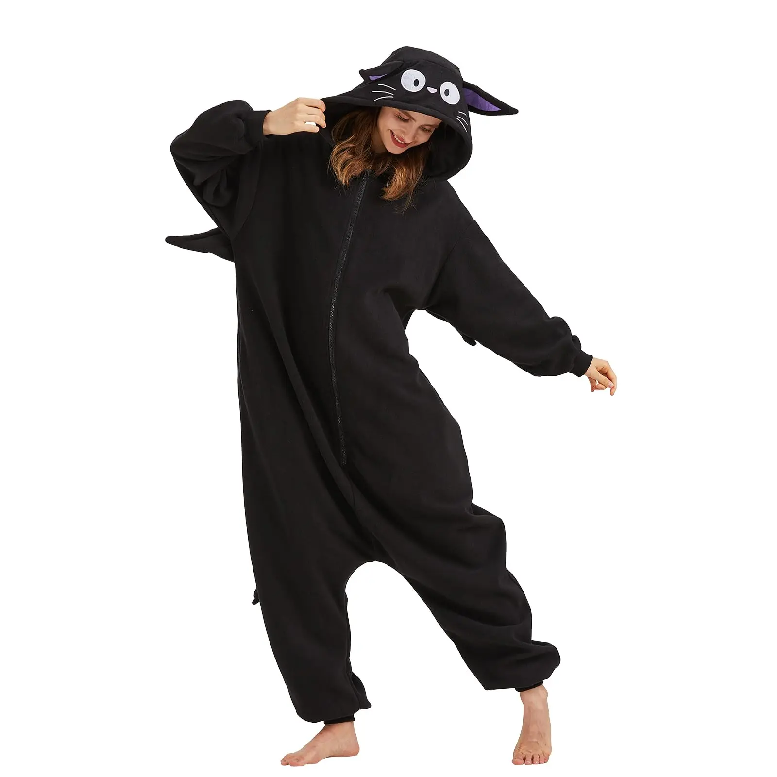 Women's Unisex Long-Sleeve Polyester Cat Onesie Pajama Set - Relaxed Fit Holiday Loungewear, Cosplay Gear with Cat Ears, Halloween Costume, Cozy Wear, Costume Ideas, Unisex Wear