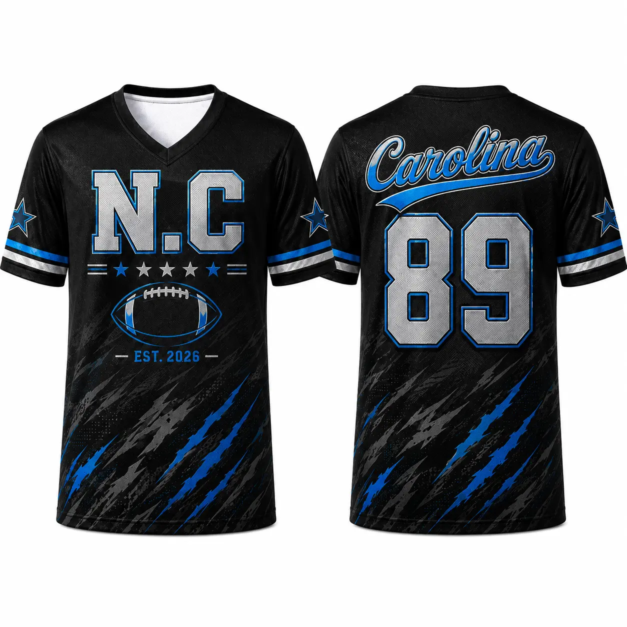 N.C 89 Football Print V-Neck Compression Shirt - Men’s Women’s Carolina-Inspired Short Sleeve Athletic Outfits, Black Blue Game Day Outfits, Sporty Chic Top for Tailgate, Casual Wear, Compression Wear