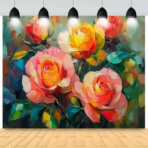 Vibrant Rose Bouquet Wall Mural - Colorful Floral Design with Pink, Orange, and Yellow Roses - Polyester Fabric Art for Living Room, Outdoor Parties, Weddings, and Events - No Power Needed, Living Room Art Decor Ornaments