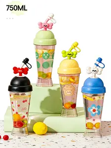 750ml Large Capacity Cute Straw Cup with Lid, Leakproof Silicone Straw Tumbler, BPA-Free Portable Water Bottle for Summer Iced Coffee, Smoothie, Bubble Tea, Travel & Daily Use