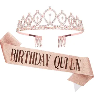 Birthday Crown and Sash for Women - Rose Gold Rhinestone Tiara Set and Sash for Decorations