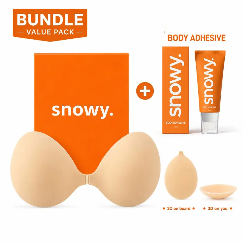 Snowy Strapless Bra - Push-up Sticky Bra, Waterproof & Sweat-proof Invisible Bra, Reusable Silicone Adhesive Bra for Women, Includes Storage Board & Replaceable Pads