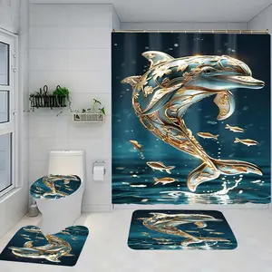 1/4 piece Golden Dolphin design bathroom set, including soft floor mat, toilet seat cushion, shower curtain, creating elegant decoration, home decor, floor mat with good rebound, water absorption, anti slip, preferred for gift giving
