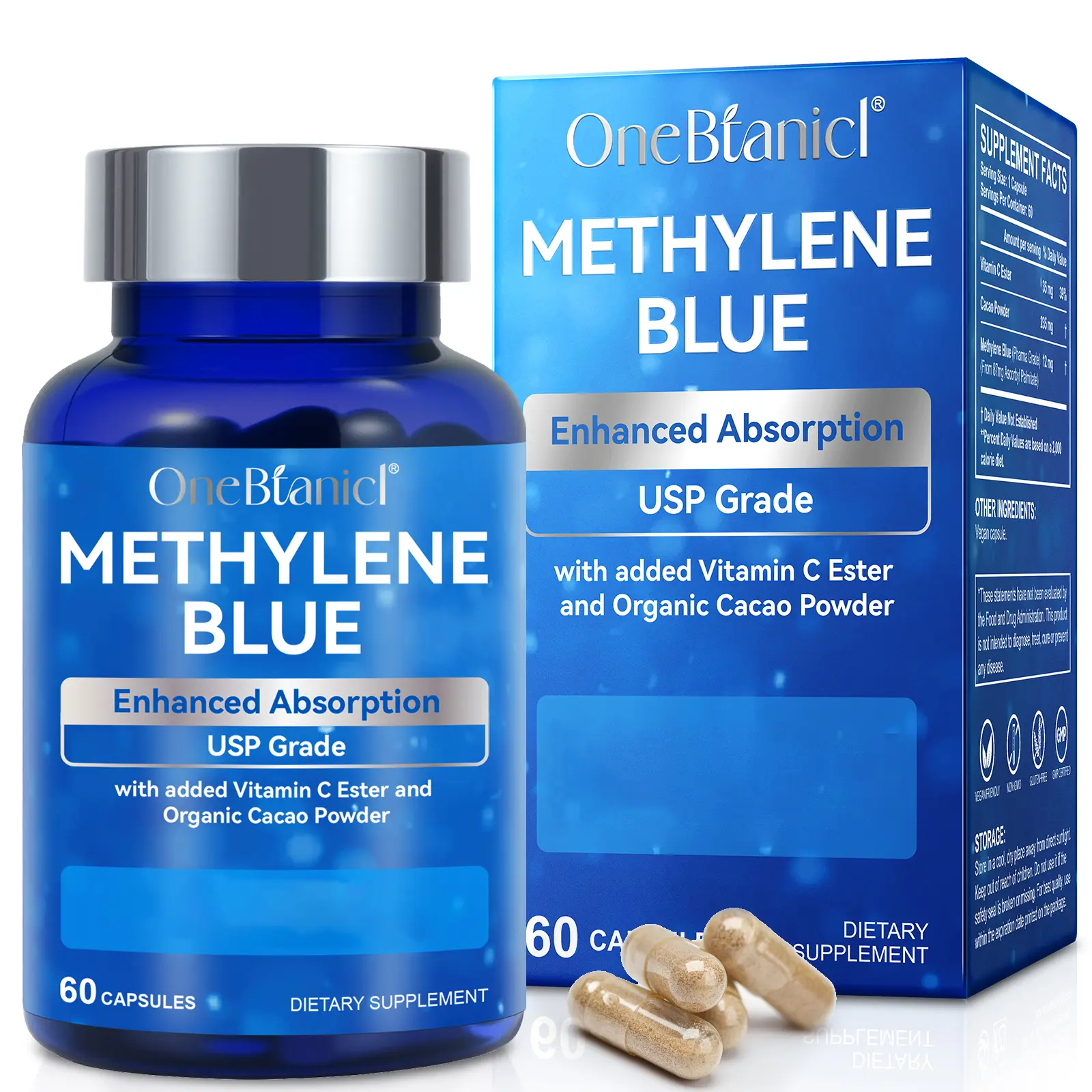 ONEBTANICL 3-in-1 Methylene Blue Dietary Capsules - USP & Pharma Grade Multi-Ingredient Supplement with Added Vitamin C Ester, Capsules Vitamins Supplements, Multi-Ingredient Vitamins Supplements