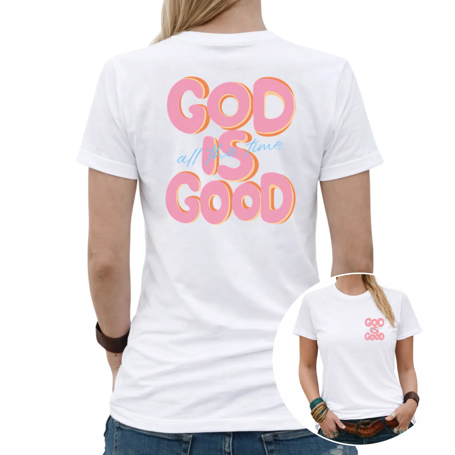 Clothing Women Graphic T-Shirt, Short-Sleeve Summer Top, Round Neck Casual Church Outfit with "God is Good" Verse Print  Cursive "God is Good All The Time" Slogan Cotton Fabric
