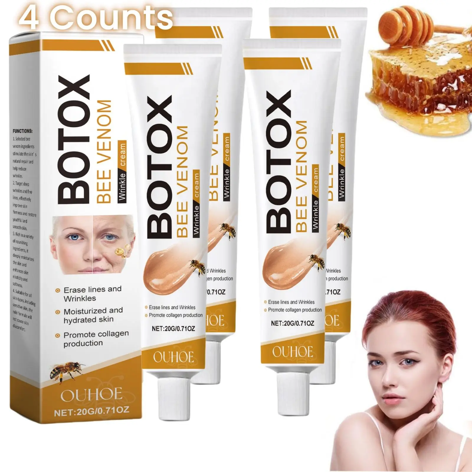 Bee Venom Skin Care Cream, 4 Counts/set Moisturizing Lifting Cream, Hydrating Facial Massage Cream for Women & Men