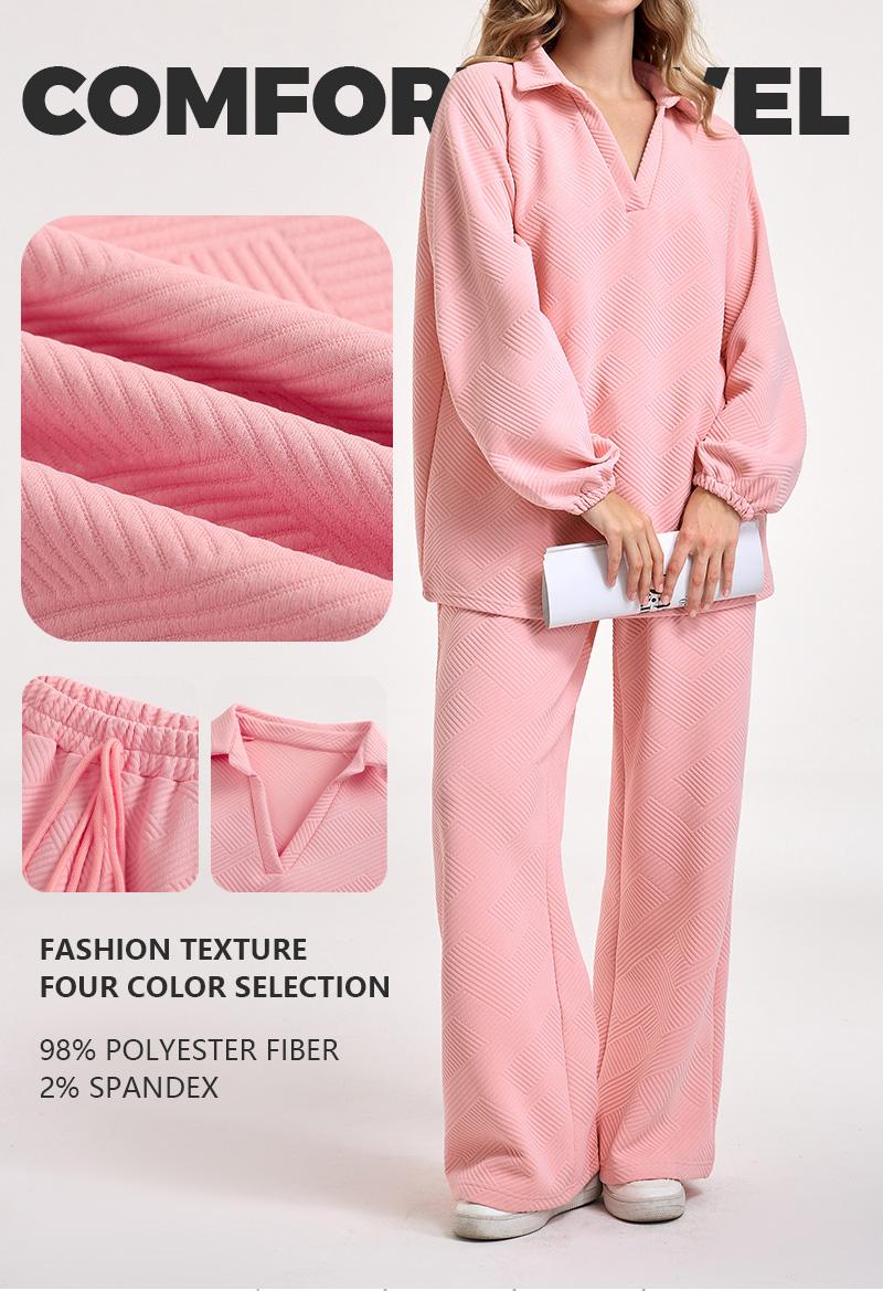 Cozy 2 Piece Jacquard Loungewear Set for Women Oversized V Neck Top & Wide Leg Pants Casual Comfy Sweatsuit for Daily Wear
