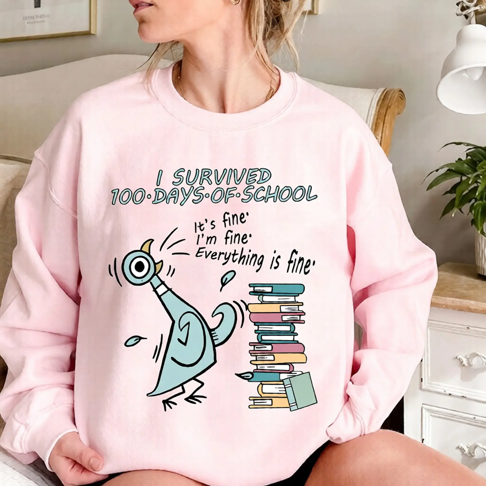 Pigeon 100 Days Of School Teacher Shirt, Elephant Piggie, Children's Books 100 Days Sweatshirt, Teacher 100 Days Tee, 100th Day Long Sleeves