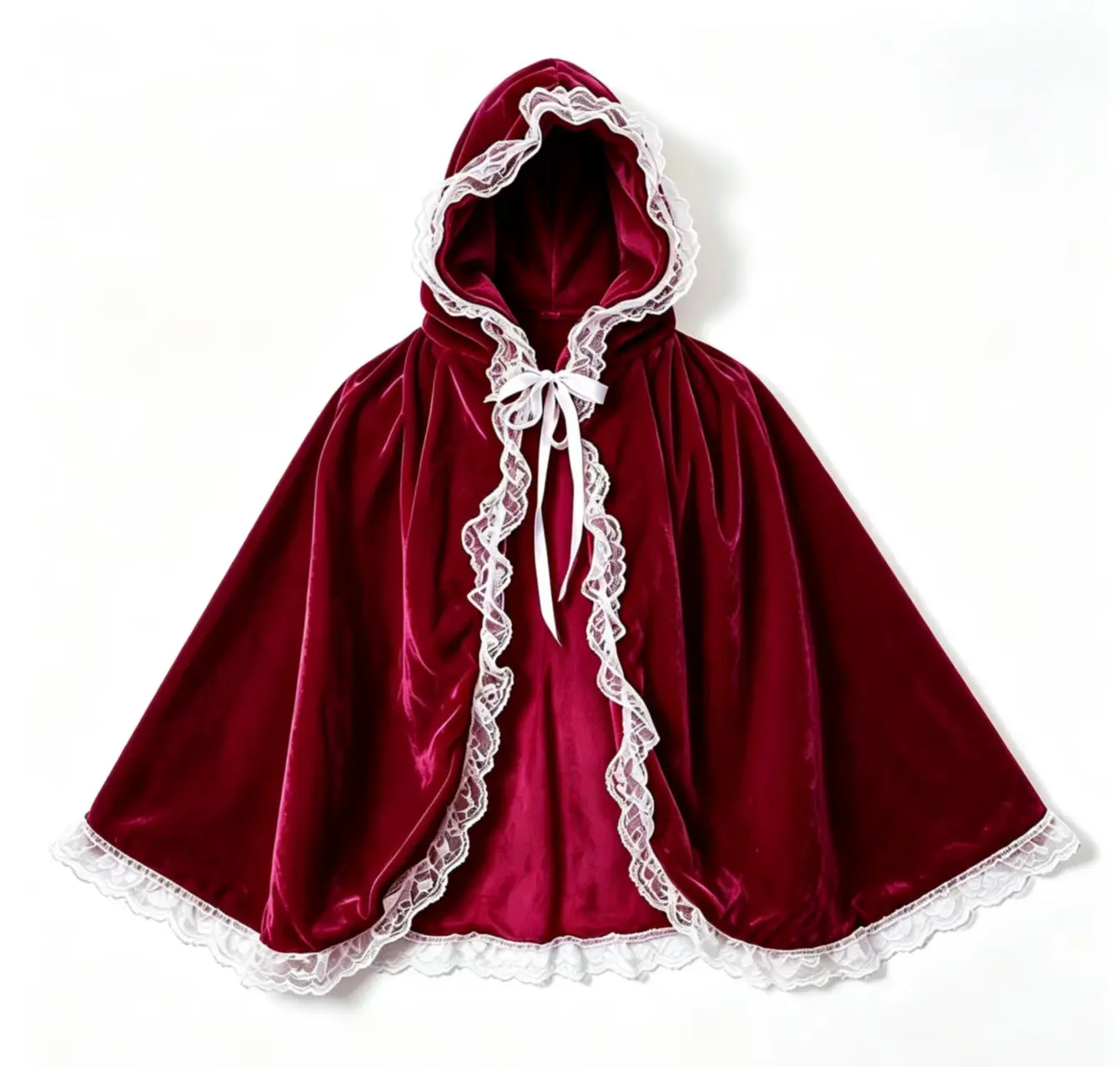 Velvet Hooded Cloak with Black Lace Trim - Red Cape for Halloween, Masquerade, Cosplay & Fairy Tale Costumes
