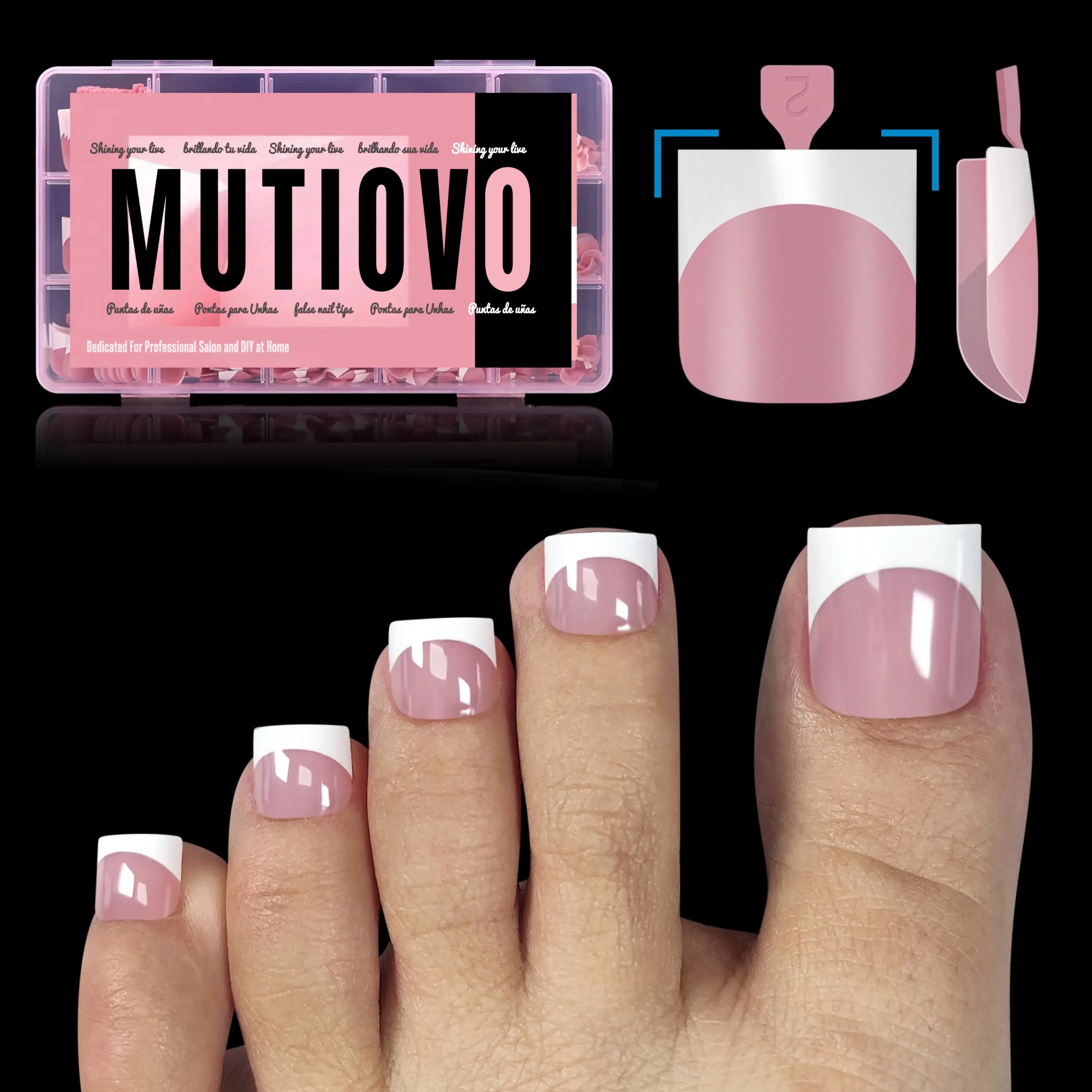 MUTIOVO French Tip Toe Nail Tips Press on Sharp Square Pre-Designed Soft Gel False Toenail Extension BERRY PINK Pre-applied Tip Primer Base Coat Full