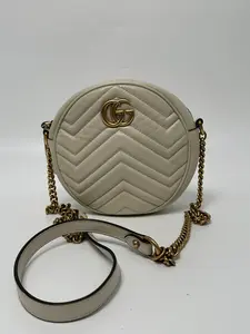 Pre-owned GUCCI leather Crossbody Bags GG Marmont Mini Round Crossbody Bag White ZS033GG