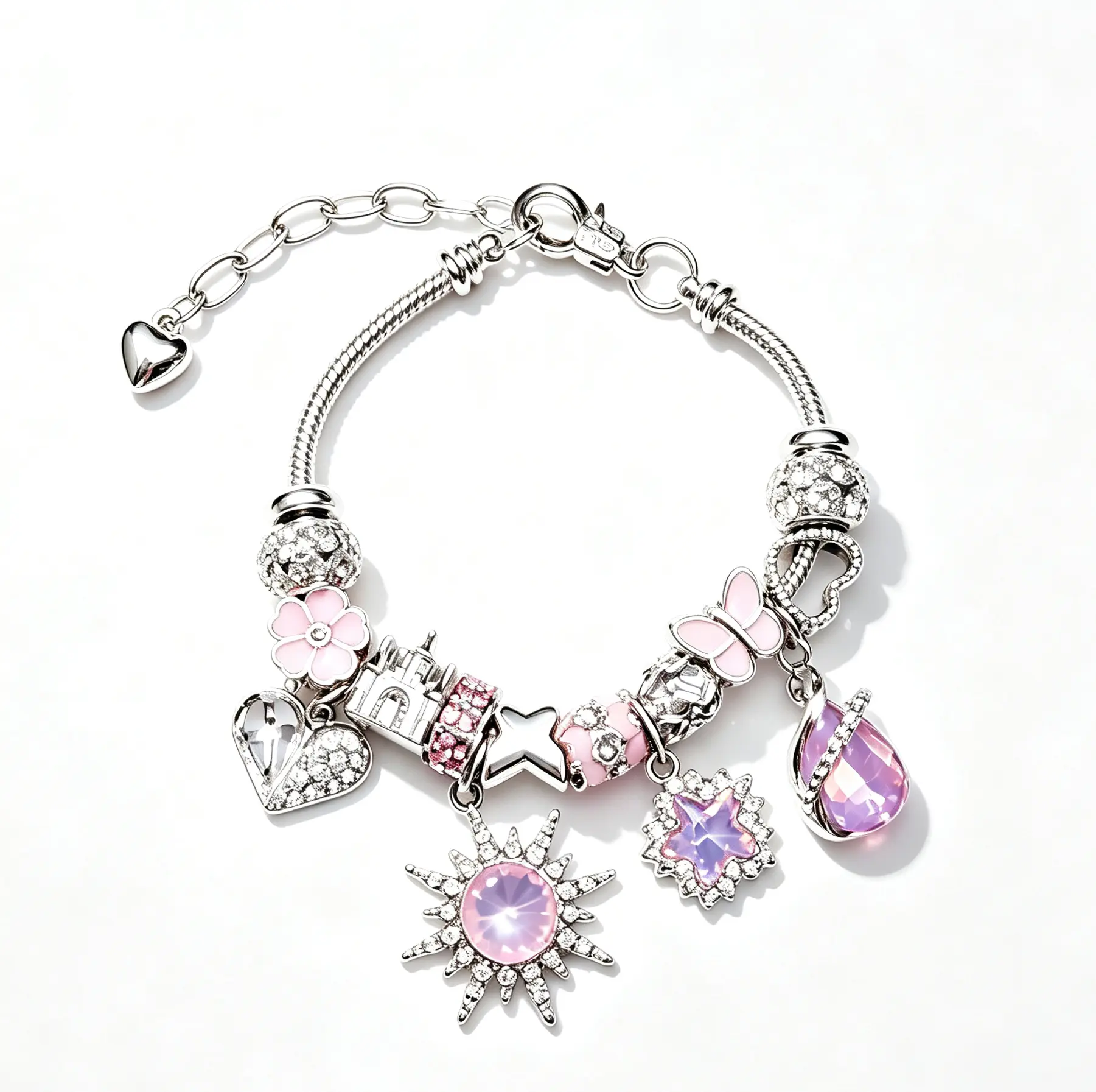 Pink Purple Crystal Sun Castle Charm Bracelet, Silver Plated Adjustable Snake Chain Bead Bracelet, Fashion Dangle Butterfly Flower Heart Beads Jewelry Gift for Women Girls