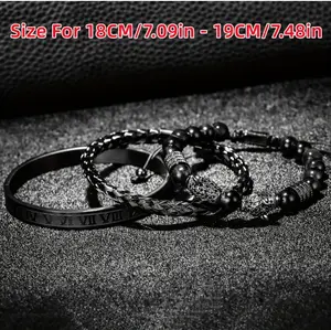 3PCS Mens Premium Black Agate Beaded Bracelet Set - Double Leopard Head, Roman Numerals, Adjustable Braided Design - Stylish Retro Style Unisex Fashion Accessory