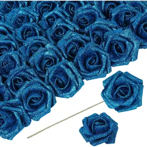 Blue Roses Artificial  30 count 2.17 in Glitter   With Stem for DIY Wedding Bridal Bouquet Party Centerpieces Decor