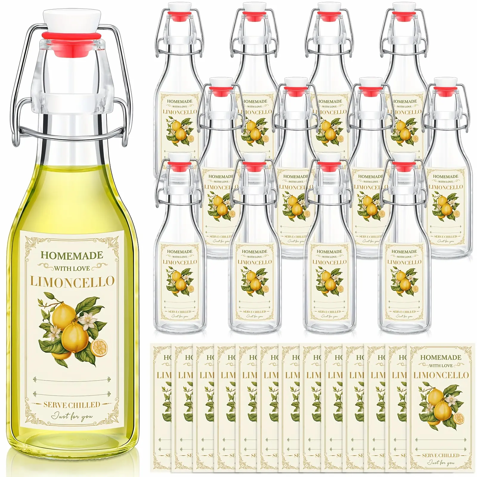 12pcs 8oz Clear Swing Top Glass Bottles with Airtight Flip-Top Lids & Labels - Round Neck Homemade Limoncello, Beer, Infused Liquor Bottles for Home Brewing, Wedding Favors, Baby Showers