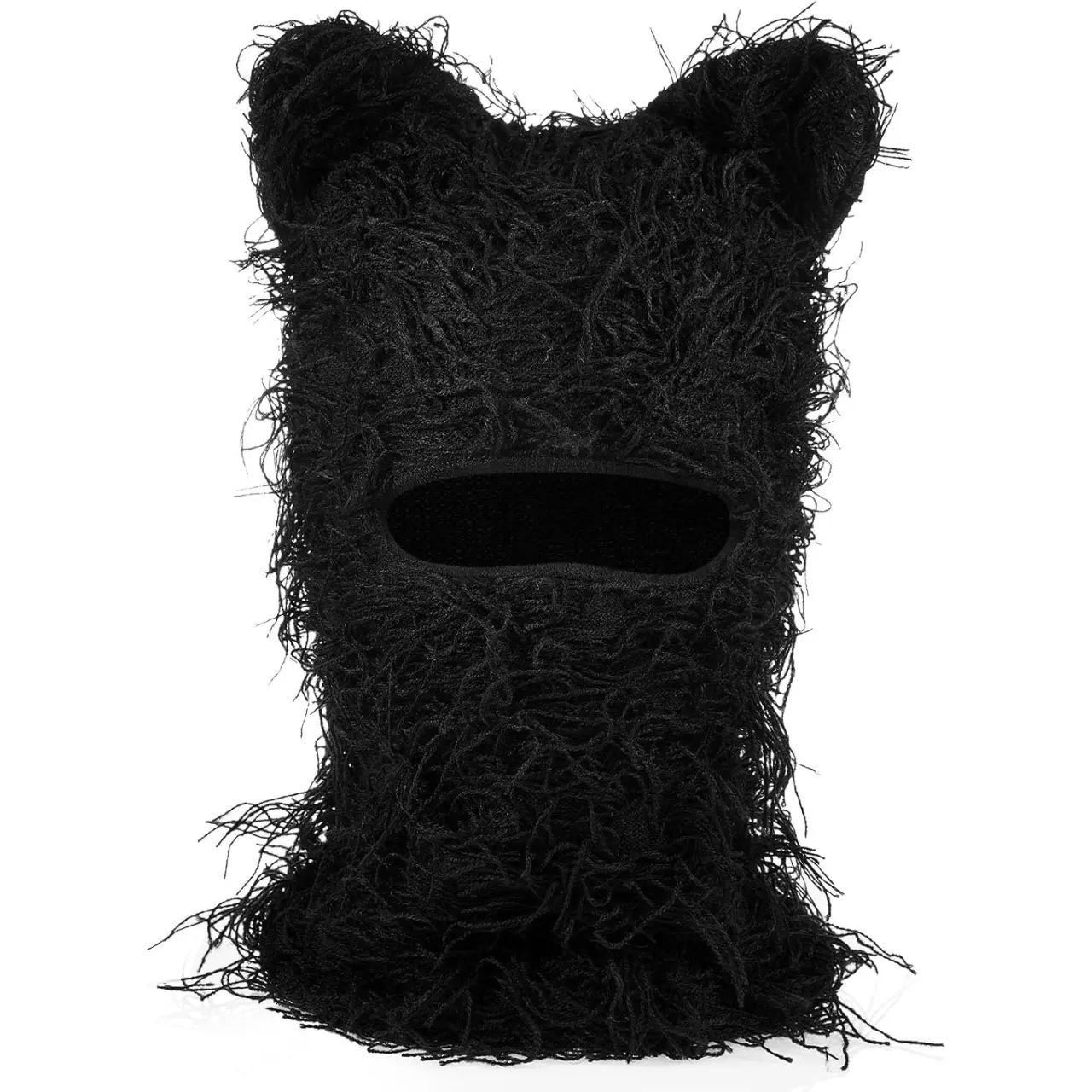 Black Distressed Balaclava Ski Mask with Cat Ear Knitted Beanie Y2k Full Face Mask Furry Cap Windproof Winter Hat Neck Warmer for Men Women