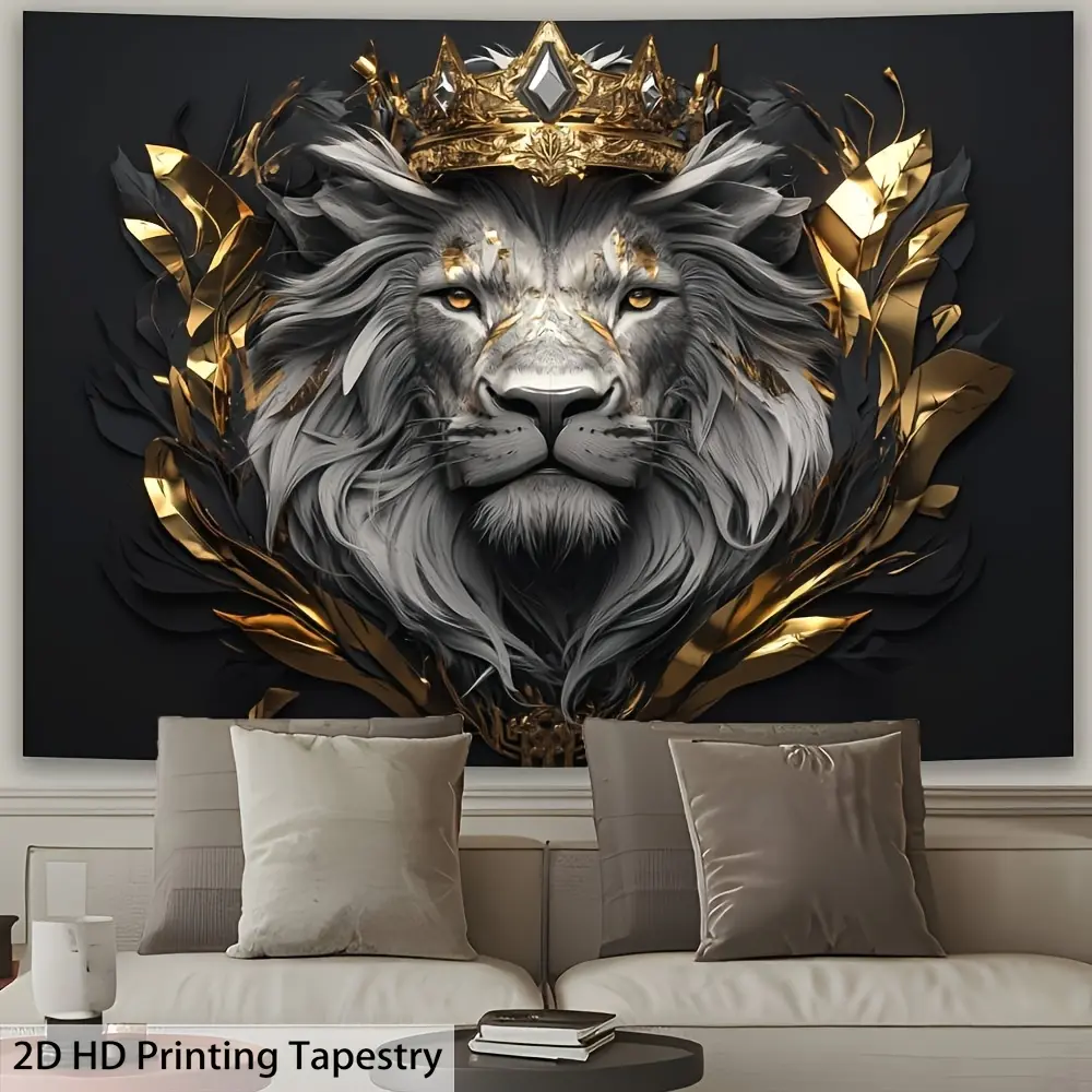 1pc Majestic Lion with Crown Tapestry - Black & Golden Regal Lion Wall Art, Premium Polyester Peach Light Beige Fabric, Horizontal Indoor Decor for Living Room, Bedroom, Office, Party - No Electricity Needed, Creative Gift Idea, Lion Decor, Office Artwork