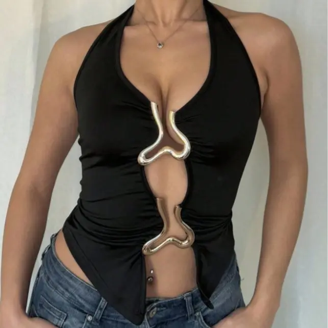 Women's Solid Color Tie-Up Metal Accessory Slit Front Tank Top