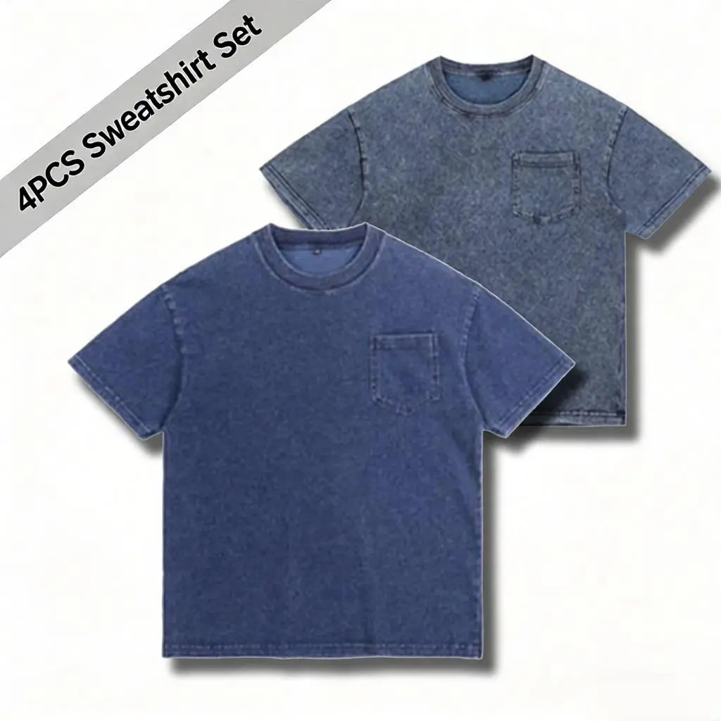 1/4PCS Unisex Vintage Mineral Wash Pocket T-Shirt, Loose Fit Blank Stone Wash Short Sleeve Crew Neck Tee, Retro Washed Casual Top, Blank Garment Suitable for Custom Printing