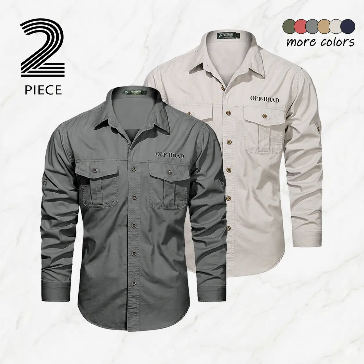 Menswear 2-Pack Men's 100% Cotton Long Sleeve Turn-Down Collar Loose-Fit Work Shirt, Solid-Color Multifunctional Top with Chest Pocket, Suitable for Commuting, Traveling