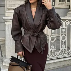 TRNDY LAB Women Vintage Brown Leather Jacket Lapel Padded Shoulder High Waist Leather Coat With Belt 2025 Lady Autumn Fashion Short Coats