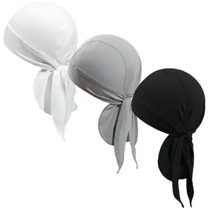 3-Pack Nylon Durags for Men & Women, Long Tail Pirate Caps with Wide Straps, Wave Cap Headwraps for Hip Hop & Streetwear, Adjustable Hat