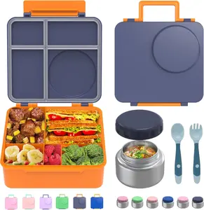 Bento Box for  - Leak-Proof Lunch Box with Insulated Thermos  Jar - 4 Compartments, 1 Removable Divider, 1Spoon, 1 Fork - Dishwasher Safe,  (Navy blue)