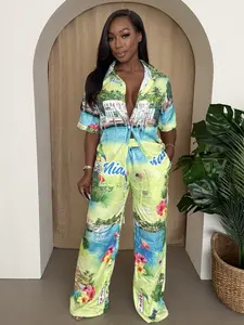 Paradise Postcards Tropical Escape Miami Print Resort Co Ord Set for Effortless Island Glam Casual Short Sleeve Button Down Shirt & Relaxed Wide Leg Pants Set