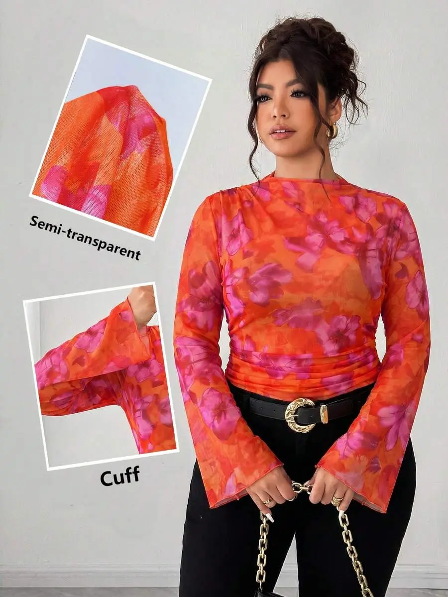 Kallé x Elenzga Plus Size Women Vintage Elegant Fitted Pleated Sheer Floral Print Mesh Stretch Long Sleeve Base Layer T-Shirt Blouse, Ladies Spring Autumn Clothing