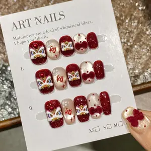 AURÉA | Chinese Lion Dance Glitter Press-On Nails 10PCS Handmade Red & Cream Art Nails with 3D Lion Dance Heads Lucky Red Glitter Velvet Bows for Lunar New Year Festivals reusable gift set casual outing salon-quality finish