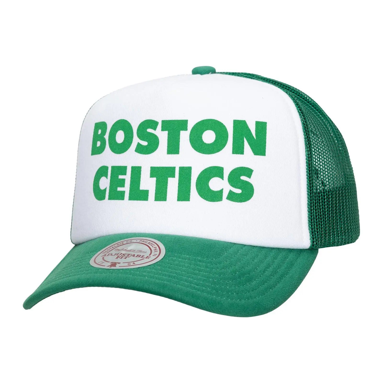 Boston Celtics White/Kelly Green Print It Trucker Adjustable Hat NBA Throwback Cap Fan Gear Mitchell & Ness