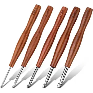 Crochet Hooks Set, 5 Size Aluminum Ergonomic Crochet Hooks with Wooden Handle for Arthritic Hands, Beginners, Crochet Needles for Knitting Gloves, Sweaters, Blankets(2mm/3cm/4cm/5cm/6cm)