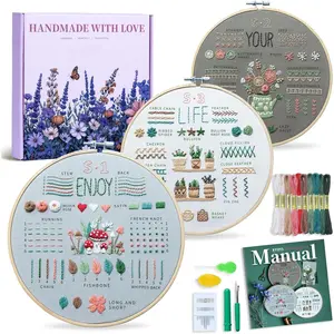 Embroidery Kit for Adult Beginners, 3-Pack 33-Stitch Practice Samplers, Pre-Stamped Patterns, 7.8-Inch Hoop, Threads & Needles, Step-by-Step Guide & Video, DIY Needlework Craft Gift for Women