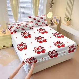 Red Bow Print Fitted Sheet Set,Red Cherry Bed Sheet Set,Includes 1 Fitted Sheet with 2 Pillow Cases,Polka Dot Bow Bedding Set,Stretchy Deep Pocket Fitted Sheet for Mattress,Perfect for Teen Girl Bedroom & Dorm Decor