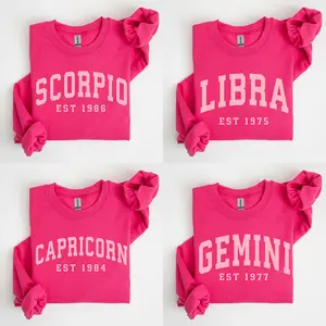 (Leave A Note or DM to Shop) Custom Zodiac Sweatshirt – Pink Color (Heliconia), Custom Year-Est Your Year Astrology Pullover, Cute Horoscope Energy Gift, Unisex Crewneck Sweatshirt, Birthday Zodiac Sign Outfit 2025 - HARSIN